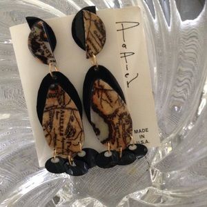 Old Map Fabric retro handmade EARRINGS Blk/copper